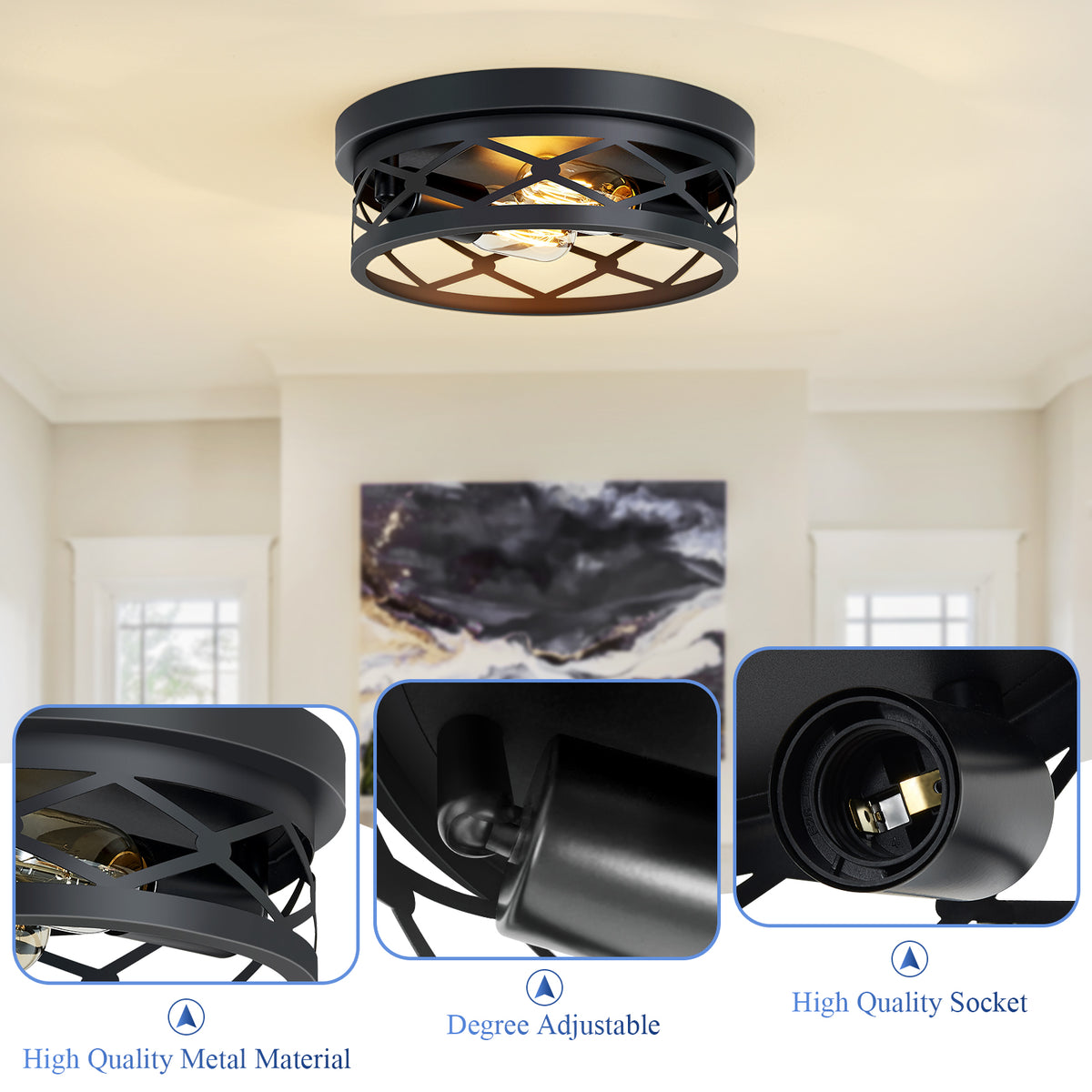 2 Pack 2-Light Matte Black Industrial Flush Mount Ceiling Light, Farmhouse Round Ceiling Lamp for Hallway Kitchen Entryway(No light bulb)