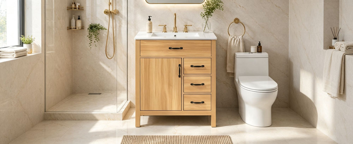 Modern 30 Inch Bathroom Vanity with Ceramic Sink, MDF Cabinet & Solid Wood Legs, Soft Close Drawers, Black Zinc Alloy Handles, Wood Finish