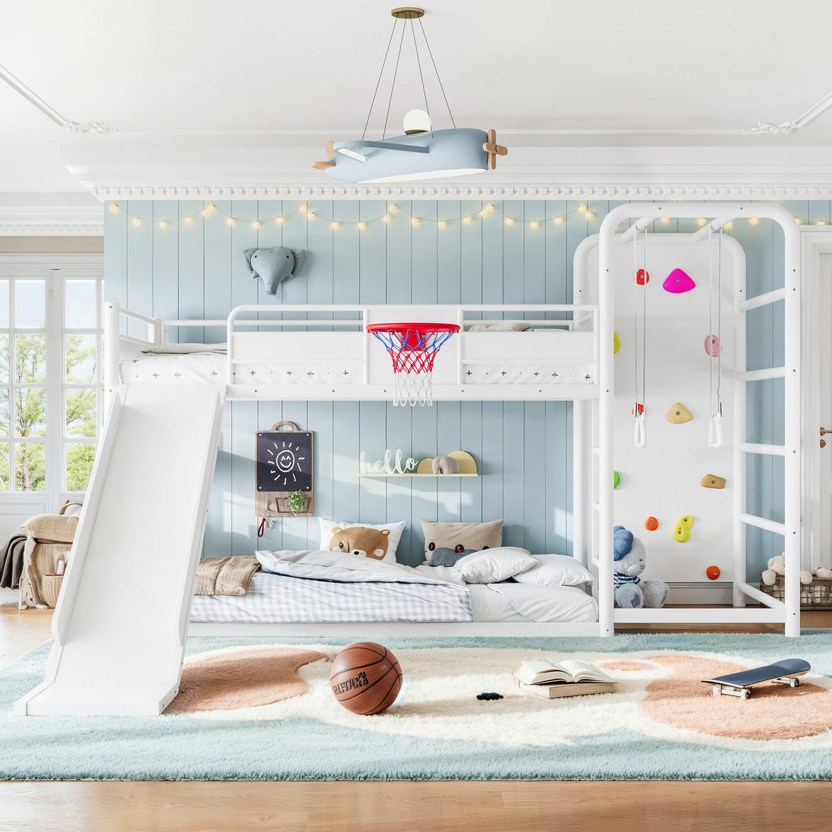 Twin size metal loft/bunk bed with basketball hoop, pull-up rings, climbing wall, and built-in bookshelves. Playful children's design featuring a slide,White.
