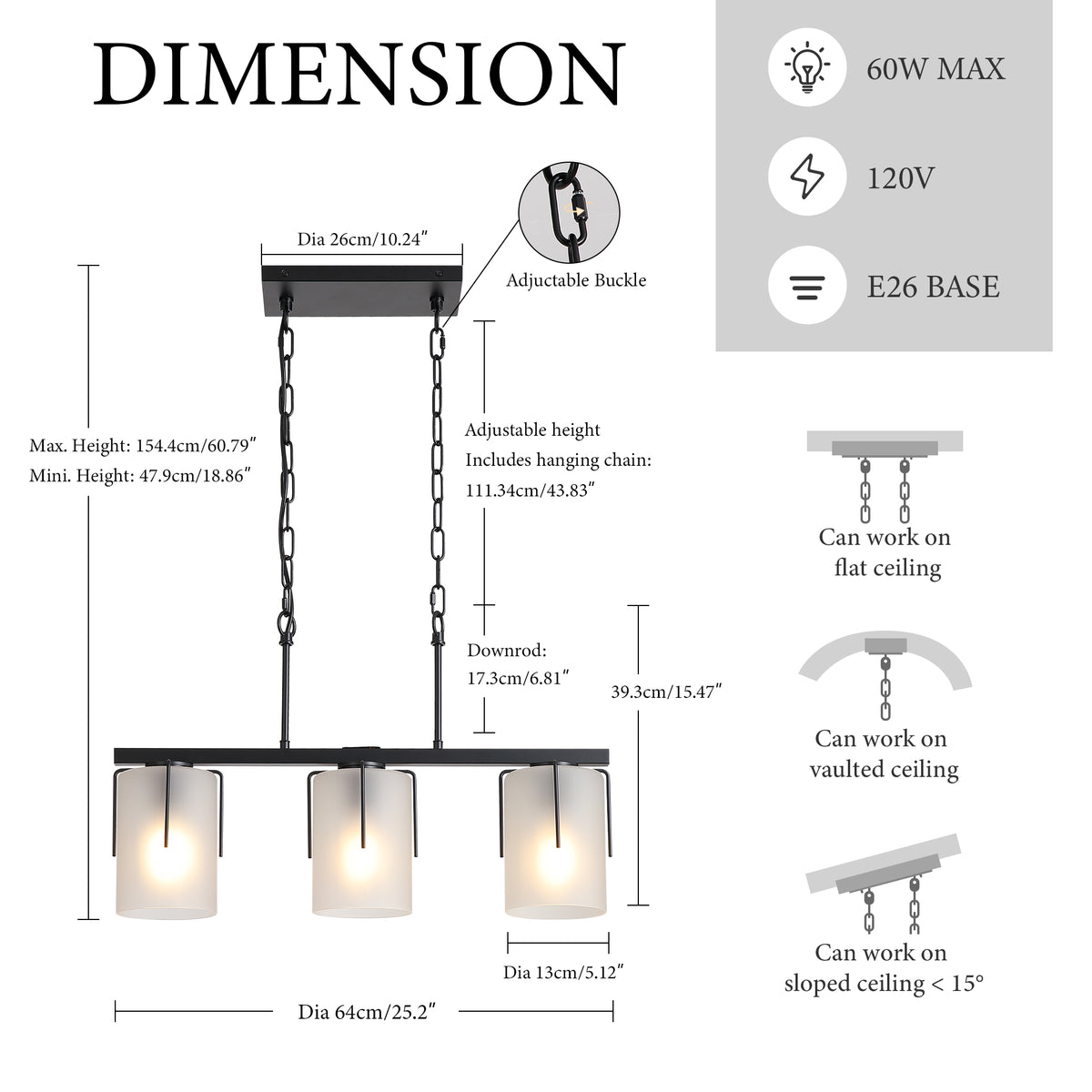 Minimalist 3-Light Linear Chandelier, Matte Black Pendant Lighting with Frosted Glass Shades, E26 Base Adjustable Ceiling Fixture