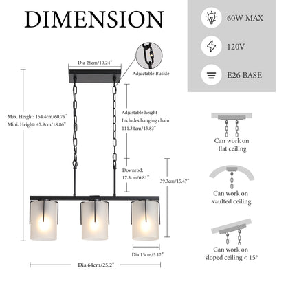 Minimalist 3-Light Linear Chandelier, Matte Black Pendant Lighting with Frosted Glass Shades, E26 Base Adjustable Ceiling Fixture