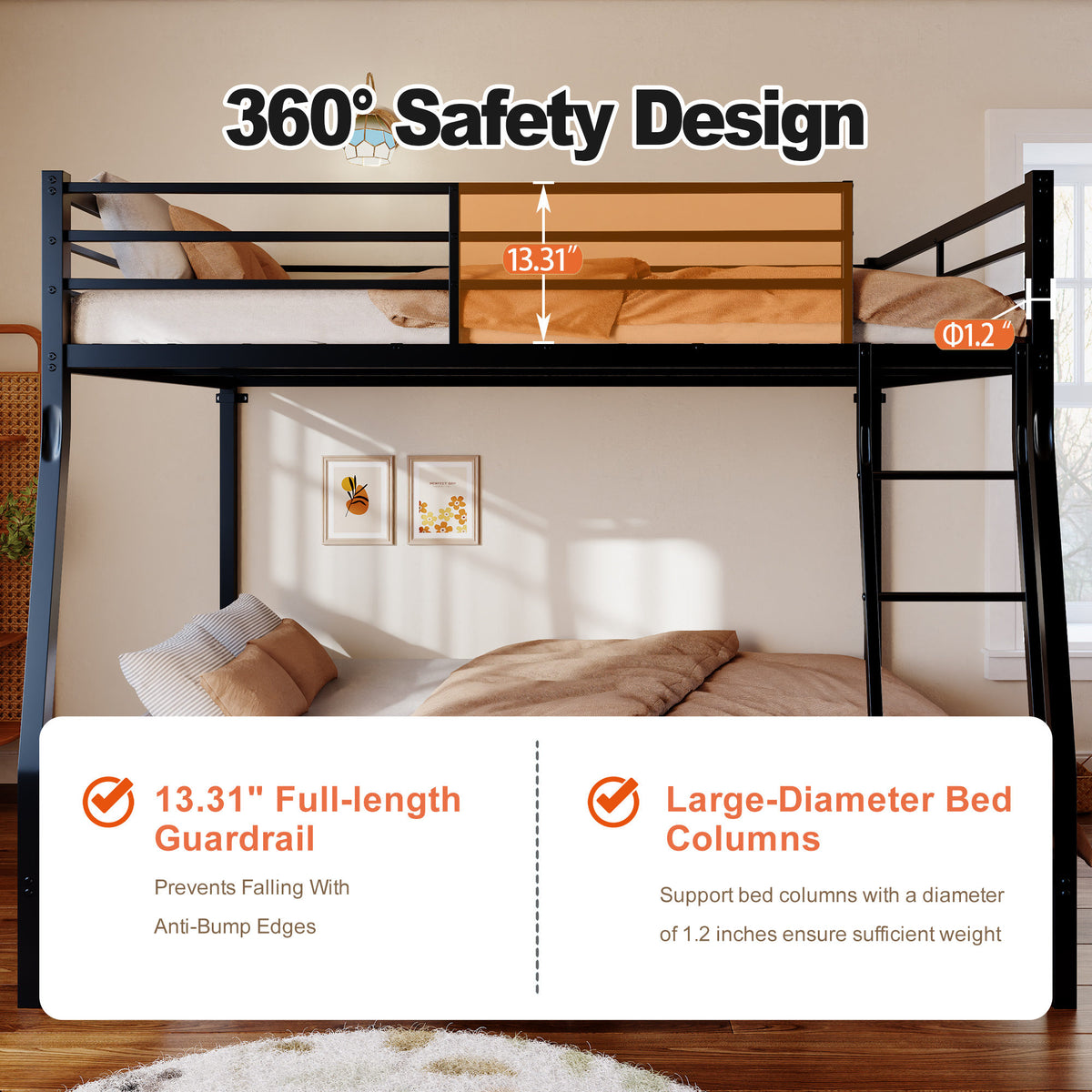 Metal Bunk Bed, Heavy Duty Full Over Queen Bunk Beds with 5 Extra Support Legs, 990 lbs Capacity, Noise-Free & Anti-Tip Design, 13.3" Safety Guardrail, Space-Saving Bed for Kids, Teens & Adults, Black