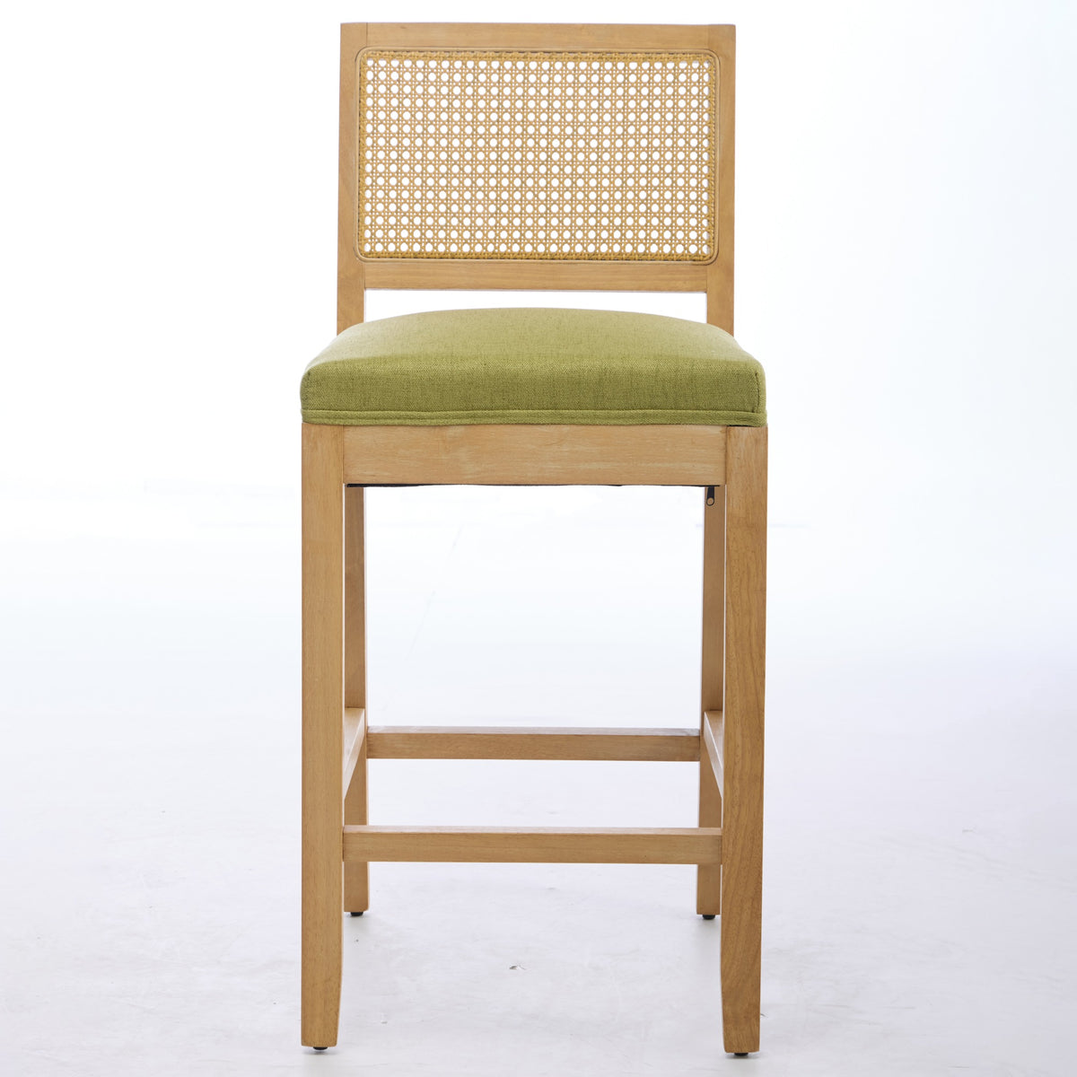 Full Solid Wood Rattan-Back Bar Stool, Matte Linen Cushion with High-Resilience Foam & S-Springs, Ideal for Rustic/Natural Style Kitchen Island, Low Bar in Dining Room & Café,Set of 2,Green,SW1872OL
