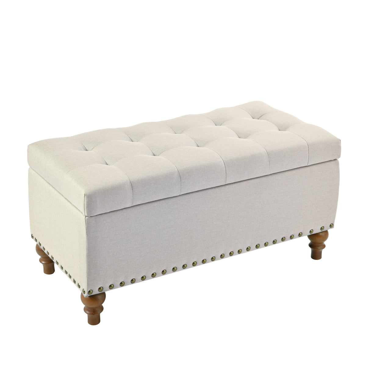 Ottoman storage bench, recessed support hinge top easy to open, rivet trim around, bedroom, entrance, living room, linen (Beige)