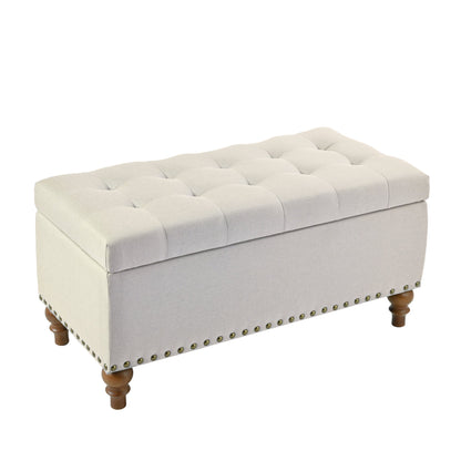Ottoman storage bench, recessed support hinge top easy to open, rivet trim around, bedroom, entrance, living room, linen (Beige)
