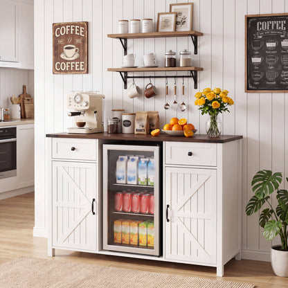 Farmhouse Coffee Bar with Mini Fridge Space & Built-in Charging Station,Large Bar Cabinet with Drawers & Adjustable Shelves for Kitchen, Dining Room, or Living Room, White