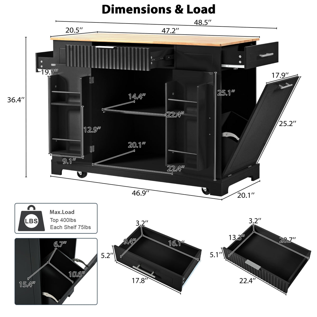 K&K Fluted Kitchen Island with Trash Can Storage Cabinet, Power Outlet, Internal Storage Rack – Black
