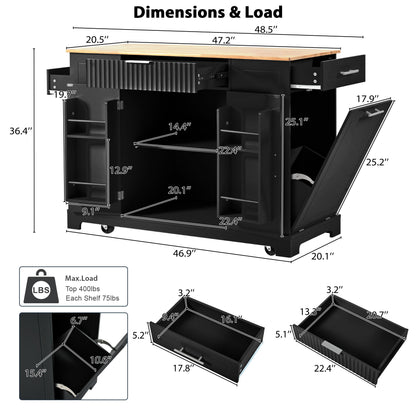 K&K Fluted Kitchen Island with Trash Can Storage Cabinet, Power Outlet, Internal Storage Rack – Black
