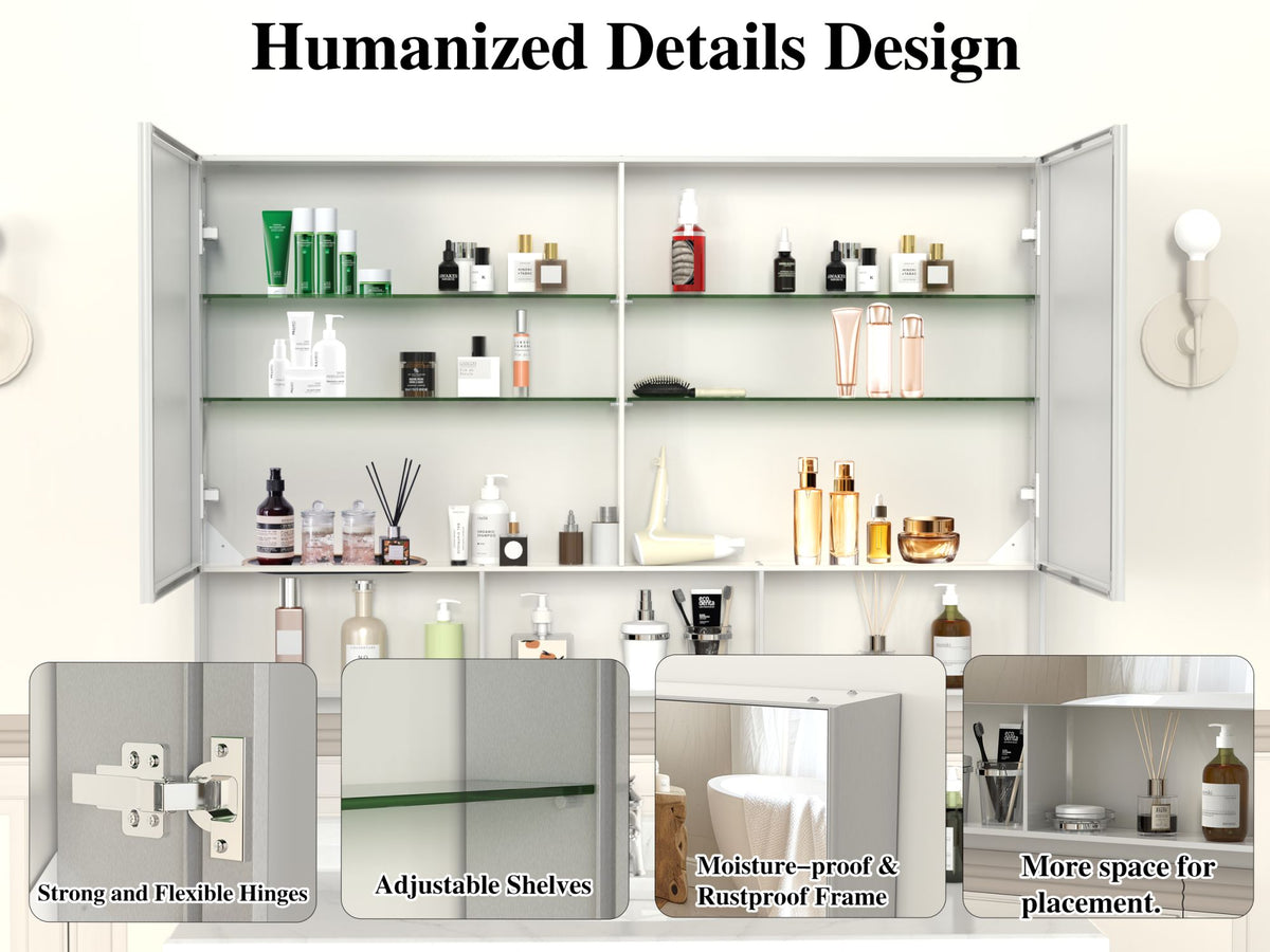 48X30 Medical Cabinet with Mirror, suitable for bathroom, wall-mounted bathroom mirror, with storage function, adjustable shelves, aluminum frame, surface-mounted, silver