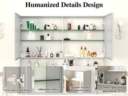 48X30 Medical Cabinet with Mirror, suitable for bathroom, wall-mounted bathroom mirror, with storage function, adjustable shelves, aluminum frame, surface-mounted, silver