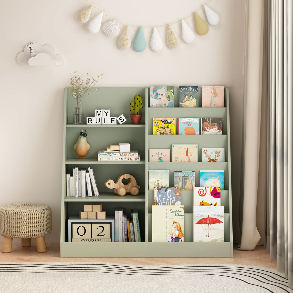 Kids Bookshelf and Toy Storage Organizer, Multifunctional 4 Tier Wooden Kids Book Shelf with  Bookcase Display Stand in Kids Room Playroom Nursery for Kids, Children, Toddlers (Sage)