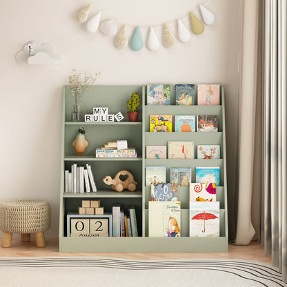 Kids Bookshelf and Toy Storage Organizer, Multifunctional 4 Tier Wooden Kids Book Shelf with  Bookcase Display Stand in Kids Room Playroom Nursery for Kids, Children, Toddlers (Sage)