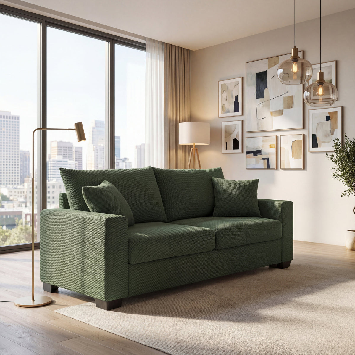 69-inch two-seater  Sofa with Textured Fabric, Comfortable Upholstered Couch with 2 Throw Pillows and Sturdy Plastic Legs for Living Room, Apartment, Office,  Dark Green