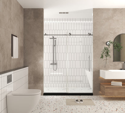 Frameless shower door 56-60 "W x 76" H, 1/4 "(6 mm) Clear Tempered Glass, Explosion Proof Film, Stainless Steel Handle,Brushed Nickel