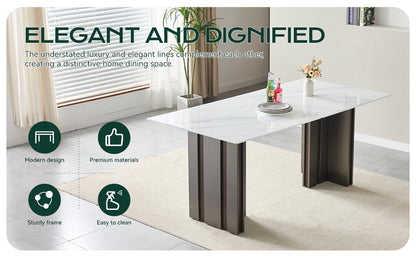 Modern Rectangular Dining Table, Tempered Glass with Marble Texture Top, Matte Gray Brushed Metal Legs, 4-6 Person Capacity, White Marble Finish, 69.30 Inch