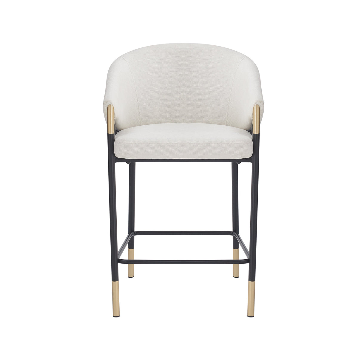 26" Seat Height, Modern Counter Stool with Curved Armrests & Gold Accents - Soft Beige Fabric, Black Metal Frame, Set of 2