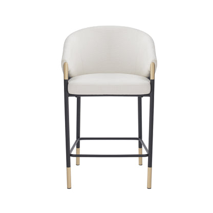 26" Seat Height, Modern Counter Stool with Curved Armrests & Gold Accents - Soft Beige Fabric, Black Metal Frame, Set of 2