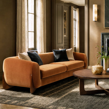 Alpine 90.5' Sherpa Sofa in Burnt Orange Performance Velvet with Natural Oak Legs