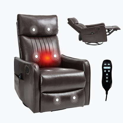 Brown Faux Leather Heat Massage Manual Recliner Chair with Rocker and Swivel for Living Room