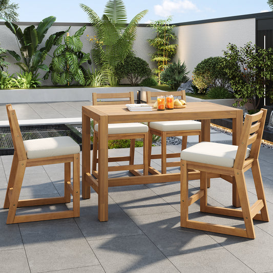 TREXM 5-Piece Rustic Patio Bar Set, Patio Table and Chairs Set with Ergonomic Chairs, Solid Wood Slatted Tabletop for Poolside, Balcony, Backyard, Porch (Light Teak+Beige Cushion)