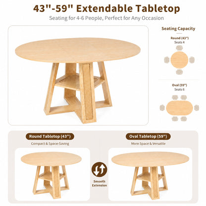 43.3'-59.05' Extendable Round Dining Table for 4-6, Round-to-Oval Kitchen Table with Removable Extension Leaf, Cross-Shaped Base and Storage Shelf, Natural