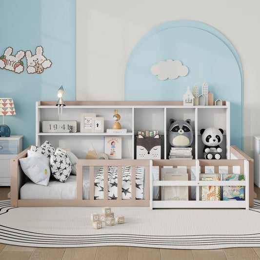 Twin Size Kids Wooden Platform Bed Frame with Guardrail Fence, Side Storage Shelves & Book Shelf, Space Saving Floor Bed,Nude and  White