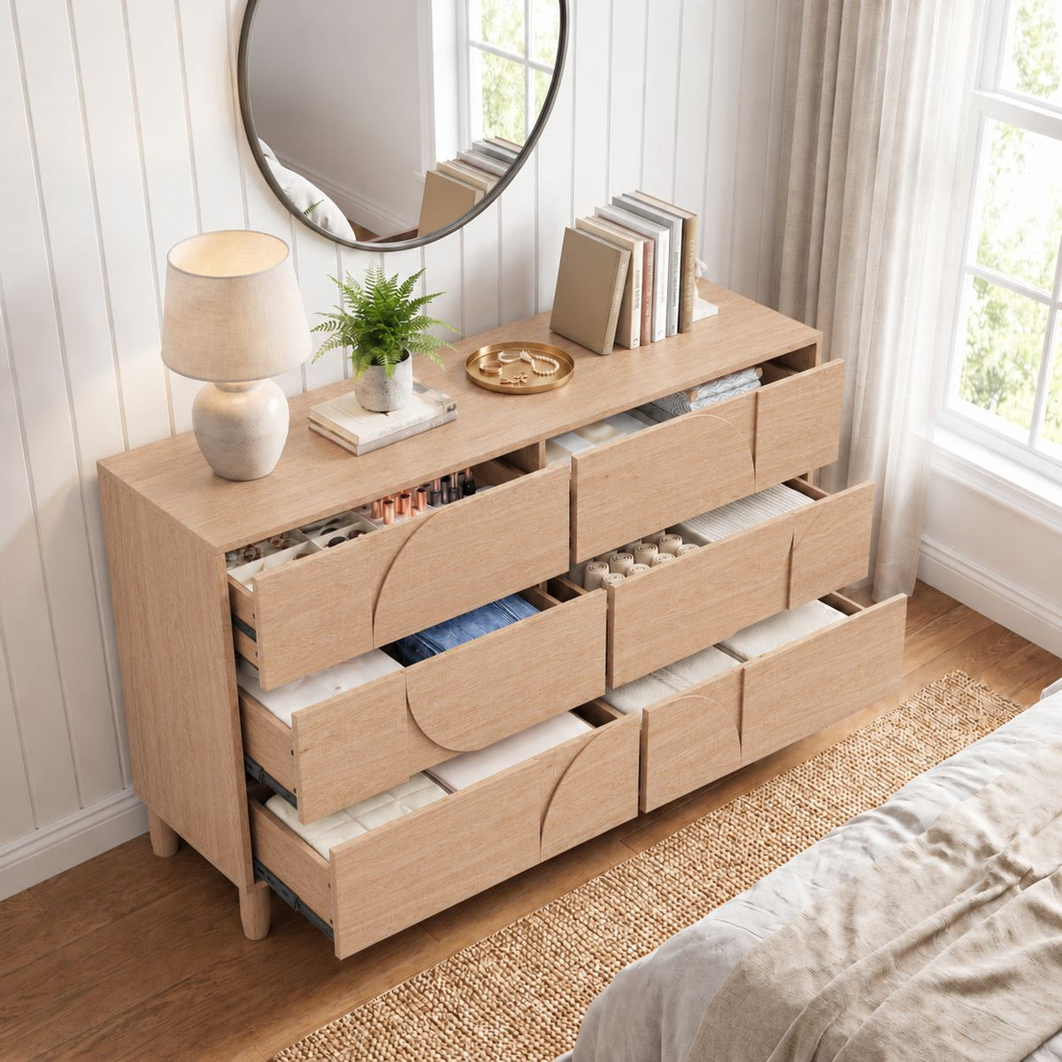 Mid Century 6-Drawer Dresser for Bedroom, 55" Wide Modern Chest of Drawers, TV Stand for Living Room, Solid Wood legs,Vanity Desk, Closet Storage, Drawers Organizer Furniture, Hallway,Light Oak