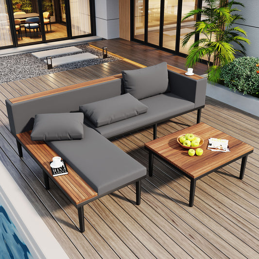 <Old SKU: N704G201251E> Luxury Patio Furniture Set with Removable Cushions and Coffee Table, L-Shaped Acacia Wood Sofa with Side table
