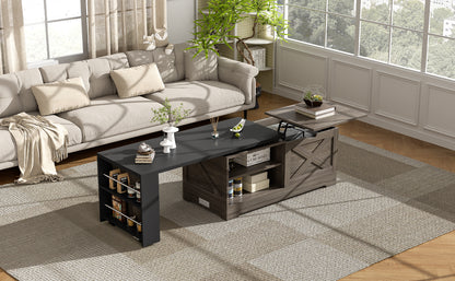 U-Can Farmhouse  Lift Top Coffee Table With Barn Doors, Wood Rectangle Center Table With Large Hidden Storage Space And Open Cabinet, For Living Room, Bedroom, Home Office
