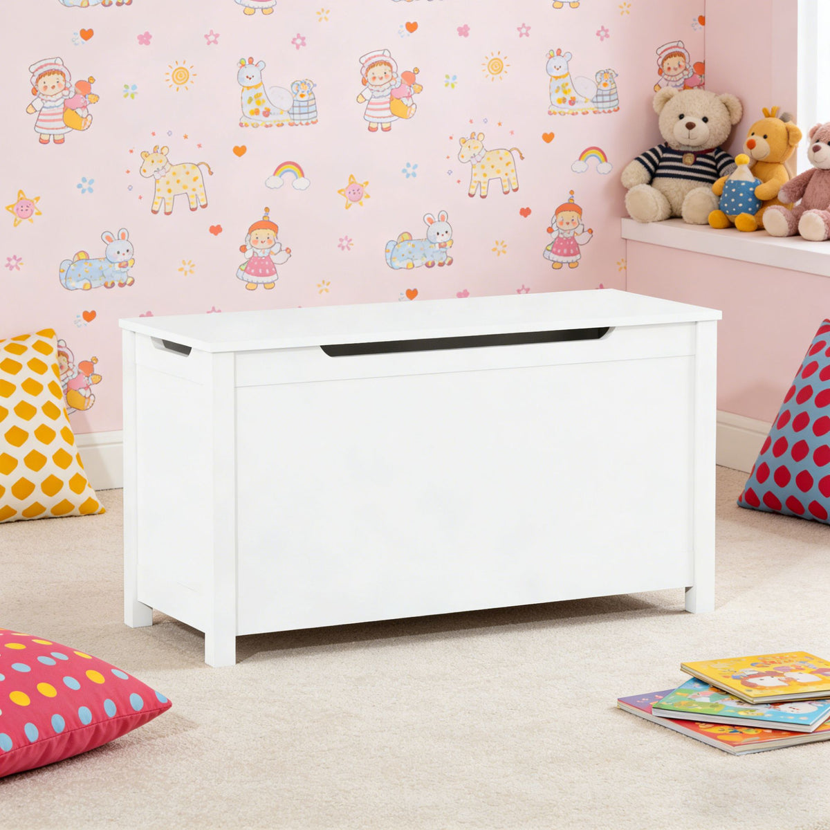 Kids Wooden Toy Box Storage with Safety Hinged Lid for Ages 2+ - White