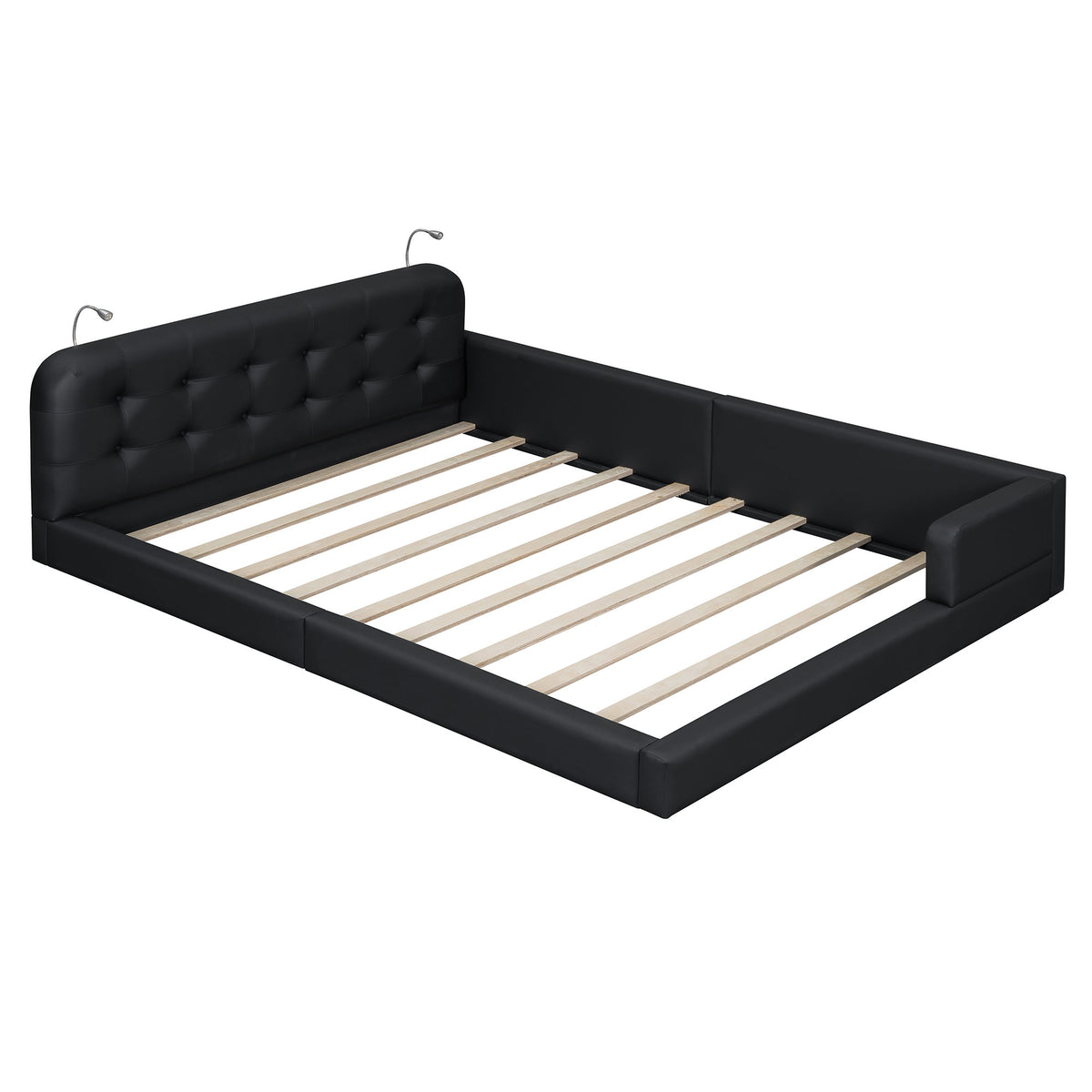 Queen Size Upholstered Platform Bed with 2 Reading Lights, Black
