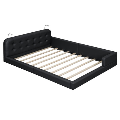 Queen Size Upholstered Platform Bed with 2 Reading Lights, Black