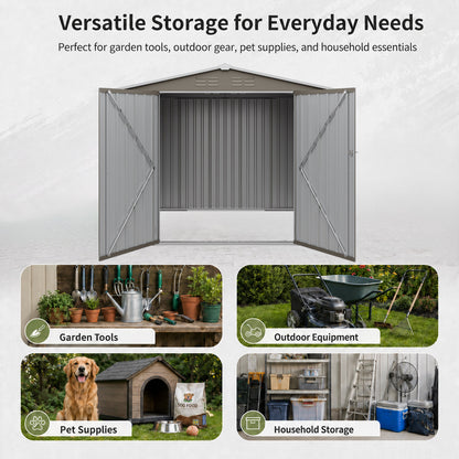 8*6 FTOutdoor Metal Storage Shed, Galvanized Steel Panel Tool House with Lockable Double Door & Built-in Vents for Backyard Garden Equipment Storage Olive Grey(7.84*5.71 FT)