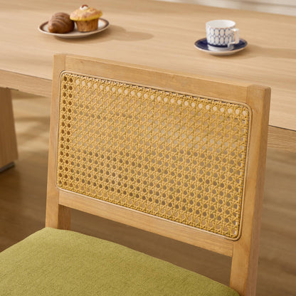 Full Solid Wood Rattan-Back Bar Stool, Matte Linen Cushion with High-Resilience Foam & S-Springs, Ideal for Rustic/Natural Style Kitchen Island, Low Bar in Dining Room & Café,Set of 2,Green,SW1872OL