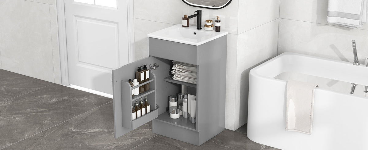 [Video] 18" Bathroom Vanity with Sink, Vanity Cabinet with Door Shelf and Adjustable Shelf, Grey