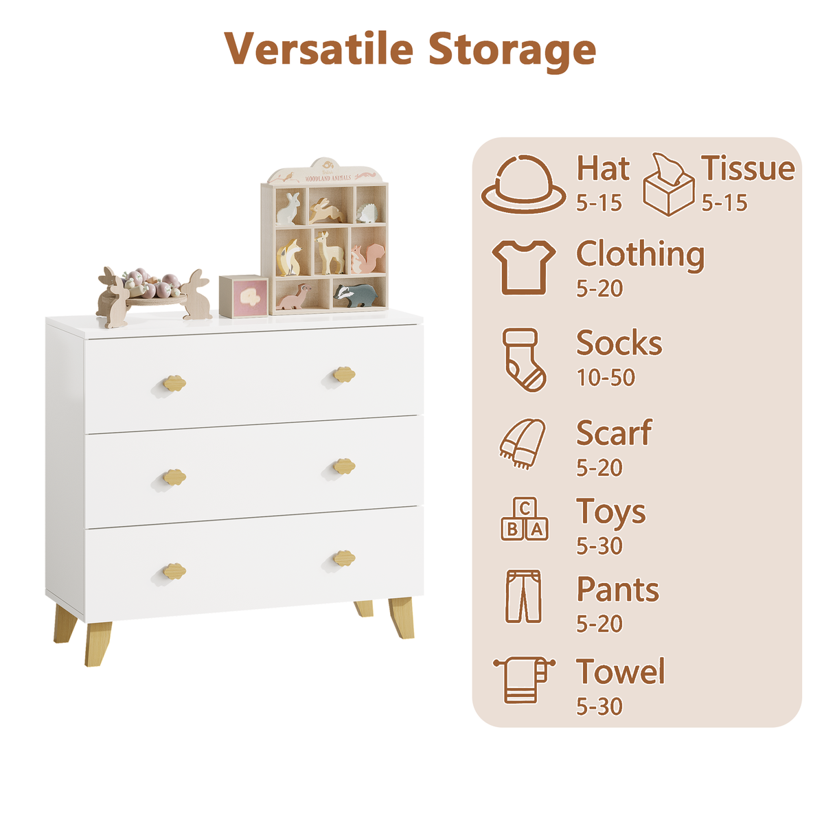 Kids Dresser with 3 Drawers, Wooden Cloud Handles & Pine Legs, MDF Chest of Drawers for Kids Room, Nursery Storage Cabinet, White