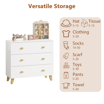 Kids Dresser with 3 Drawers, Wooden Cloud Handles & Pine Legs, MDF Chest of Drawers for Kids Room, Nursery Storage Cabinet, White