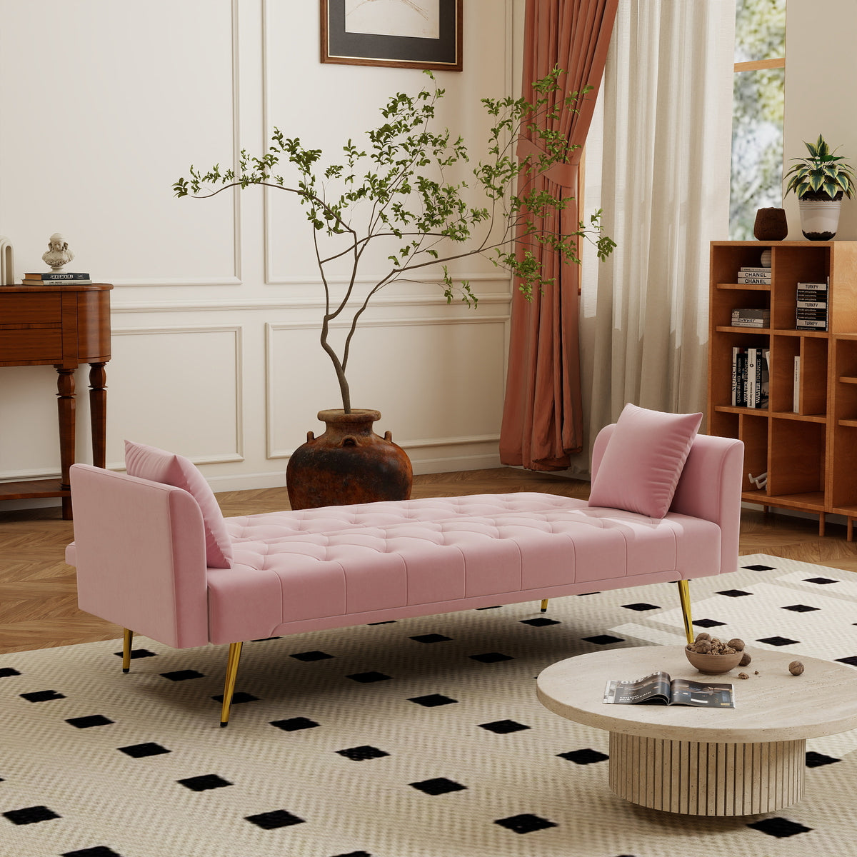 Modern convertible 72 inch foldable sleeper sofa with tufted, American retro style, made of pink velvet material, suitable for small living rooms, bedrooms and offices. pink color