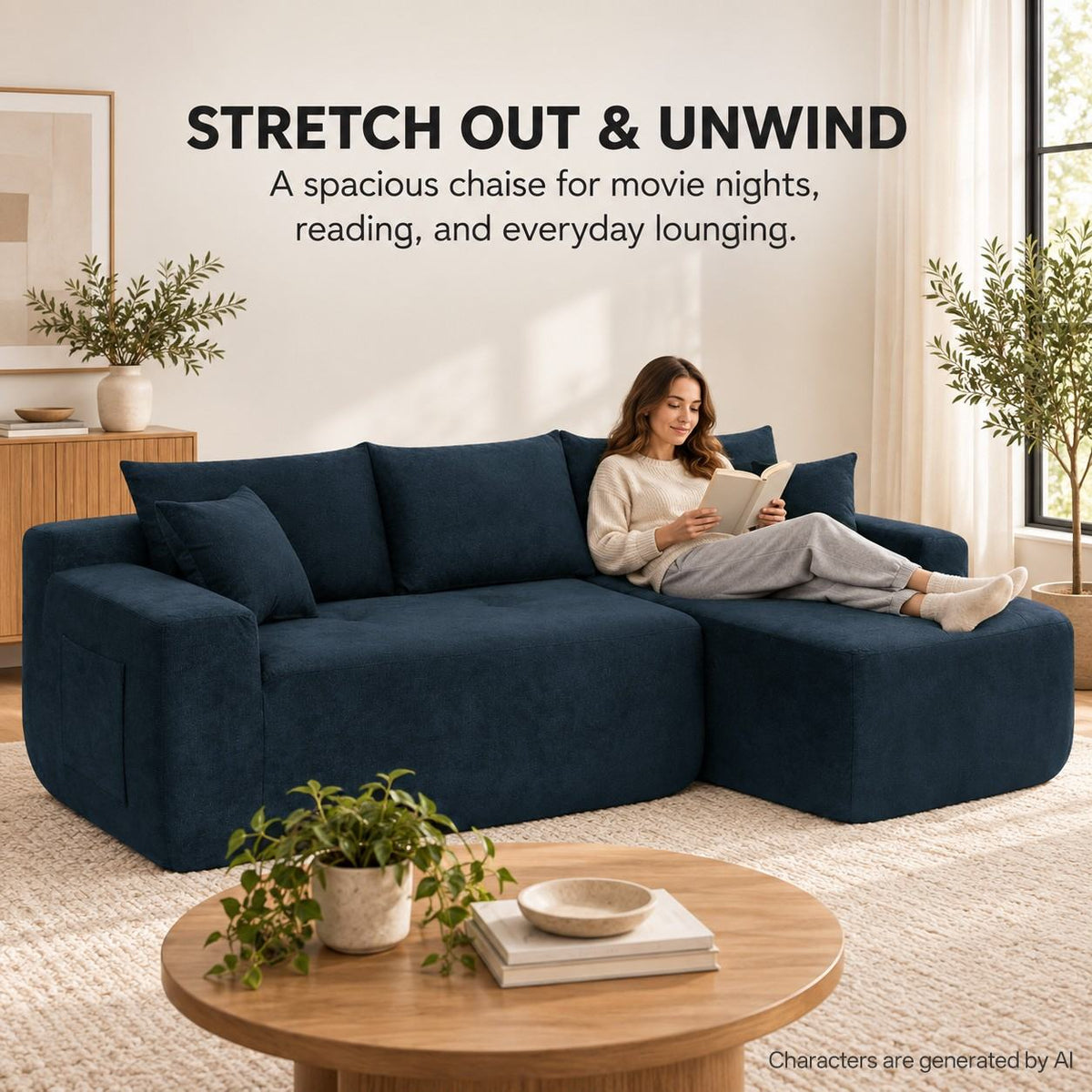 85' Cloud Sectional Couch with L-Shape Chaise,Modern Modular Sofa with Deep Seat, Upholstered Couches for Living Room Bedroom,No Assembly Required, (Cotton linen Fabric),Blue