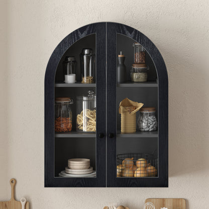 Arched Wall Mounted Cabinet, Wood Veneer Wall Storage Cabinet with Tempered Glass Doors, Adjustable Shelf, Easy Hanging Hardware Included, Decorative Floating Wall Cabinet for Laundry Room, Black