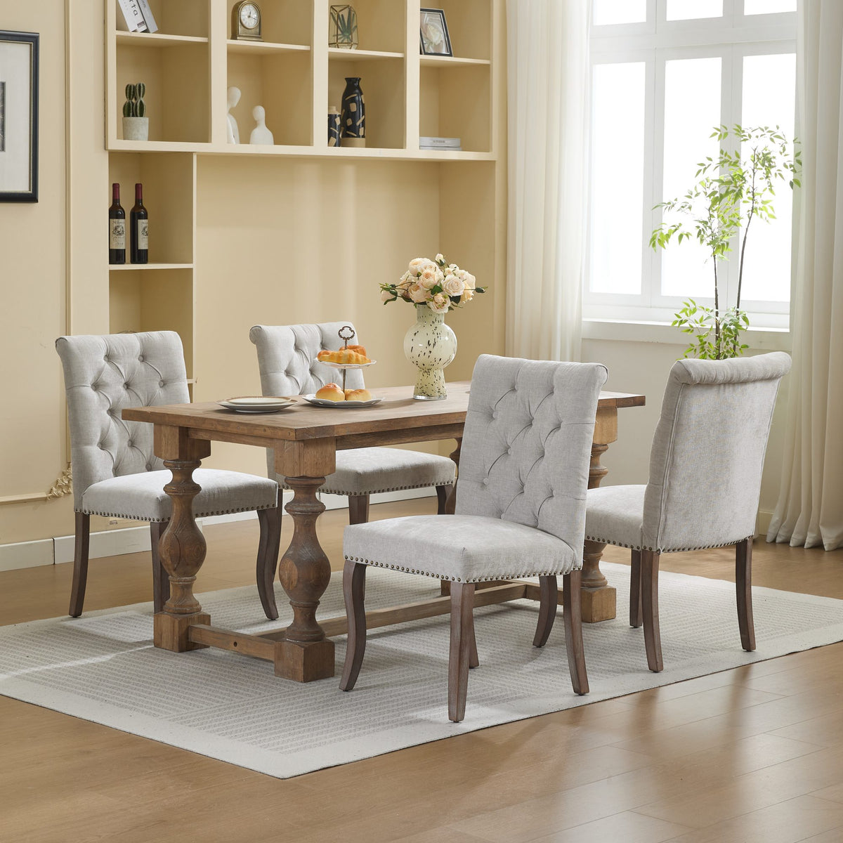Upholstered Chenille Fabric Accent Dining Chair, Curved Solid Wood Legs, Elegant Tufted Club Dining Room Kitchen Room Dining Chair – Beige