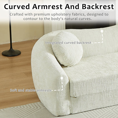 86-inch Curved Convertible Sofa Recliner, 2-in-1 Frameless Folding Sofa Bed with Pull-Out Base and Deep Seat Design, Chenille Two-Seater Reclining Sofa, No Assembly Required  beige