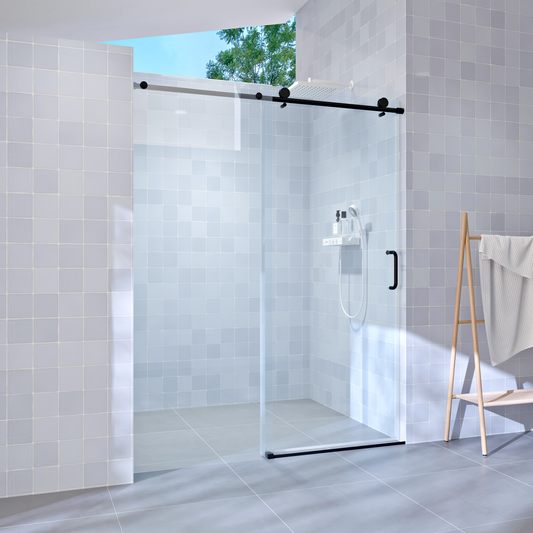 56' - 60' W x 76' H Single Sliding Shower Door, Frameless Bathroom Sliding Door with 1/4' (6mm) Tempered Glass for Walk-in Shower, Matte Black GF-25D06-60MBX