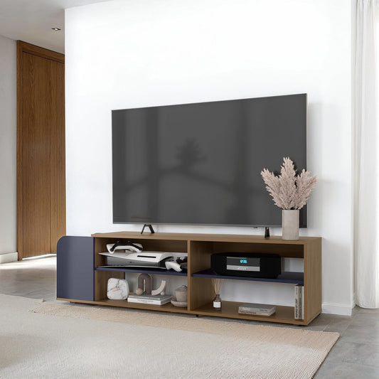 Modern TV Stand, Entertainment Console with Open Shelves, Navy blue and Naatural Oak