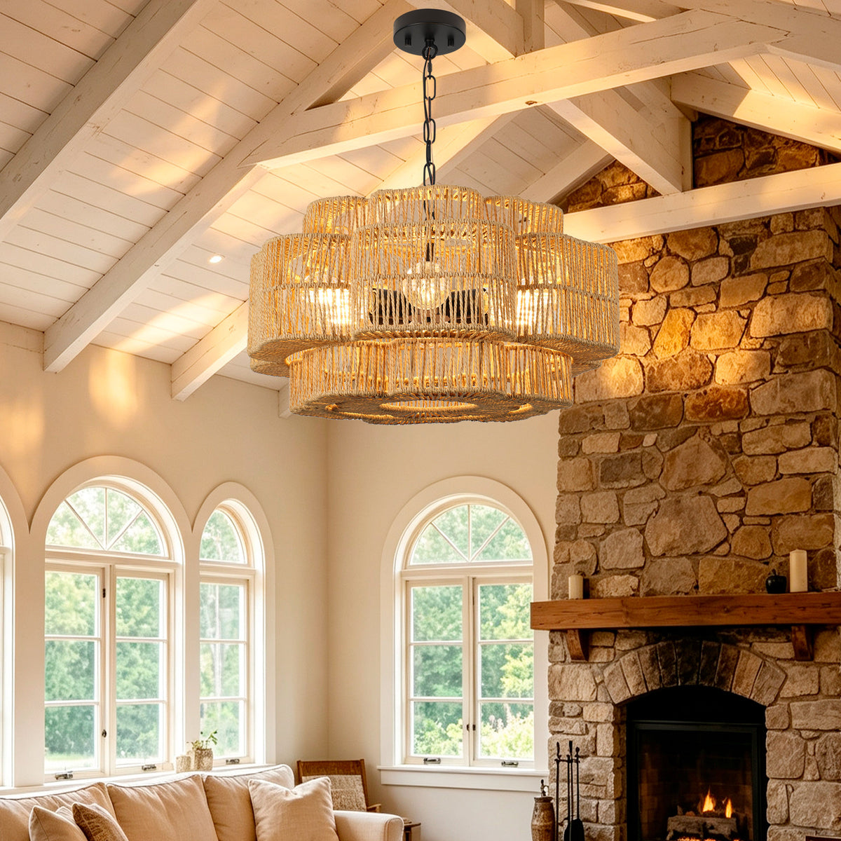 21.65" 2-Tier Black Paper Rope Chandelier, 6xE26 Max 60W Pendant Light with Adjustable Hanging Chain