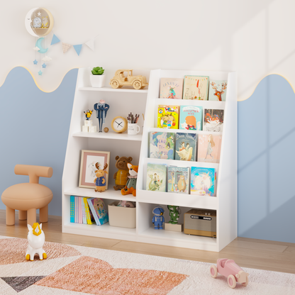 Kids Bookshelf and Toy Storage Organizer, Multifunctional 4 Tier Wooden Kids Book Shelf with Bookcase Display Stand in Kids Room Playroom Nursery for Kids, Children, Toddlers (White)