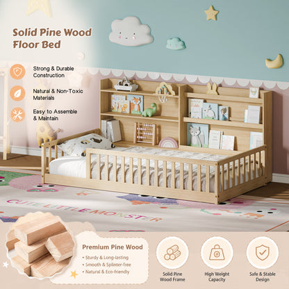 Twin Montessori Floor Bed with Bookshelf & Safety Rails, Natural,Solid pine wood kids bed with integrated bookshelf, low-to-ground Montessori design, safety fence rails and wide entrance.