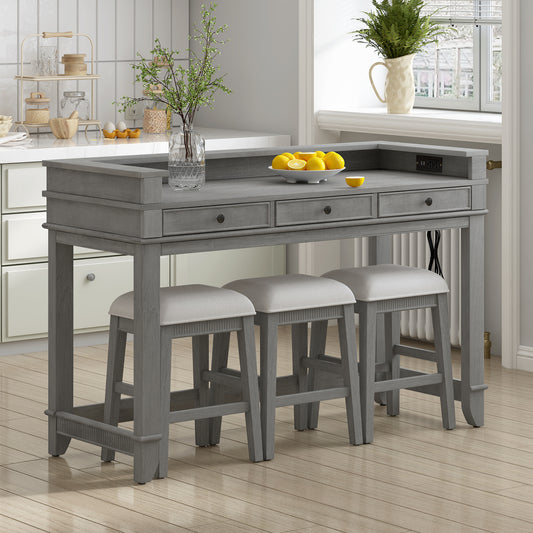 TREXM 4-Piece Dining Table Set for 3, Retro Kitchen Table and Chairs Set with 3 Storage Drawers, Ideal - Light Grey