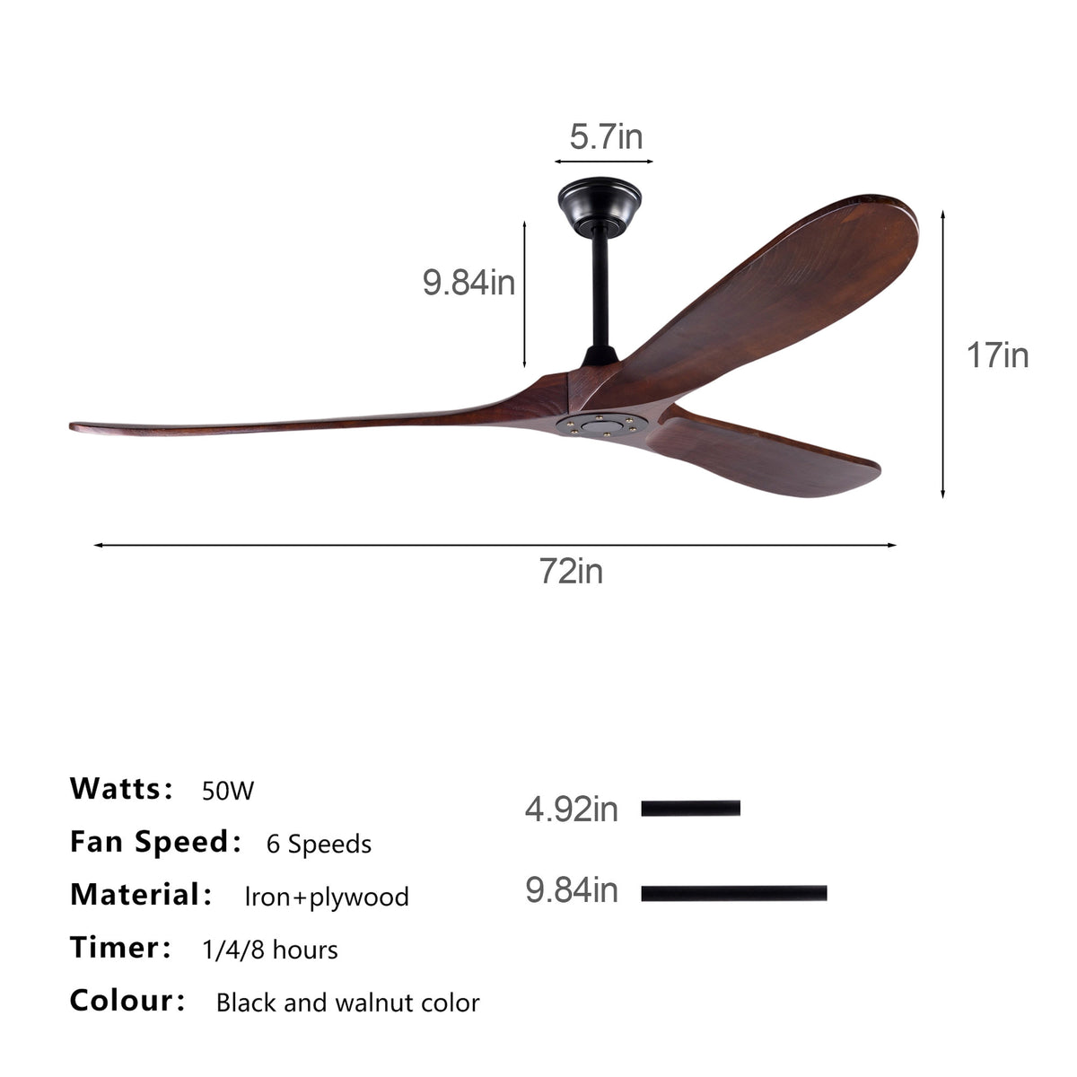 72 Inch Ceiling Fan with 3 Solid Wood Blades, Reversible Quiet DC Motor, Remote Control, Modern Farmhouse Ceiling Fan for Large Living Room Villa Indoor