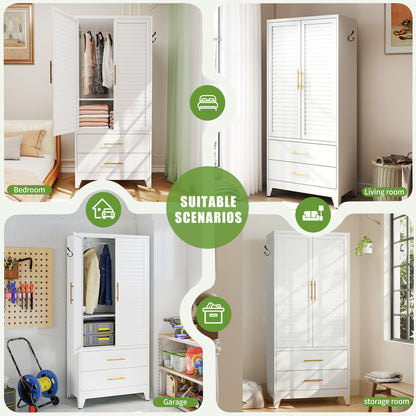 White Metal Wardrobe Closet with 2 Doors and Drawers, 71″ Tall Storage Cabinet, Lightweight Portable Closet for Small Apartments, Renters